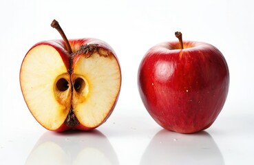 Fresh apple next to rotten apple half against white backdrop. Compare healthy fruit with spoiled one. Concept of freshness, decay, beauty, old, damage, organic, time, food.