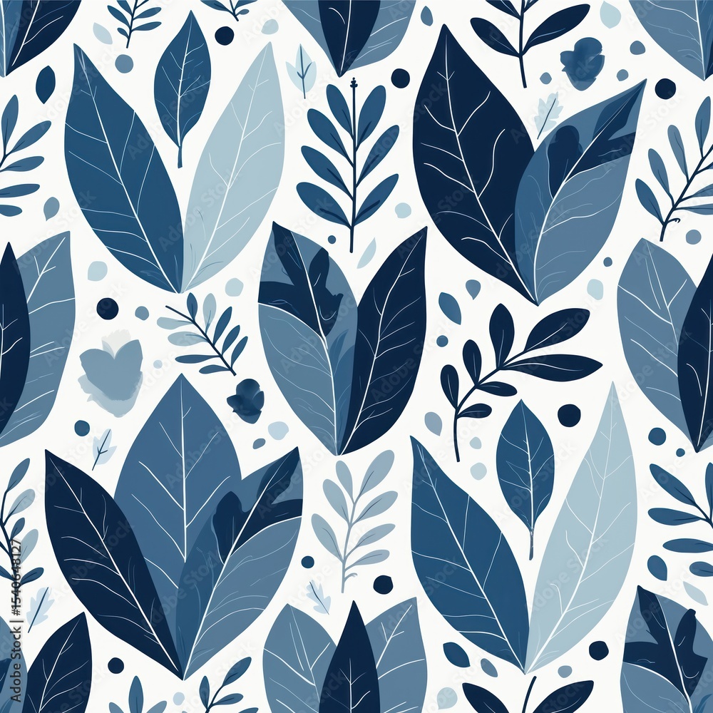 Poster seamless pattern featuring abstract leaves and geometric shapes in blue and white. minimalist design