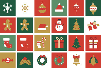 Flat Christmas icons set in colorful square grid with gifts, ornaments, trees, snowflakes, bells, candy, and festive decorations