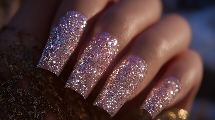 A womans hand showcasing a manicure with gold and silver polish, adorned with tiny jewels and intricate beading, Nails adorned with tiny jewels and intricate beading for a luxurious finish