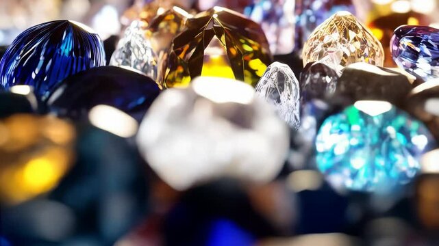 Close-up view of a pile of assorted shiny gemstones and jewels with brilliant colors and glittering facets
