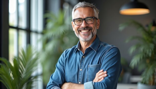 Smiling mature businessman in casual work attire with eyeglasses, arms crossed. Happy male portrait in modern office interior. Confident, pro executive with gray beard, glasses looking straight into - Powered by Adobe