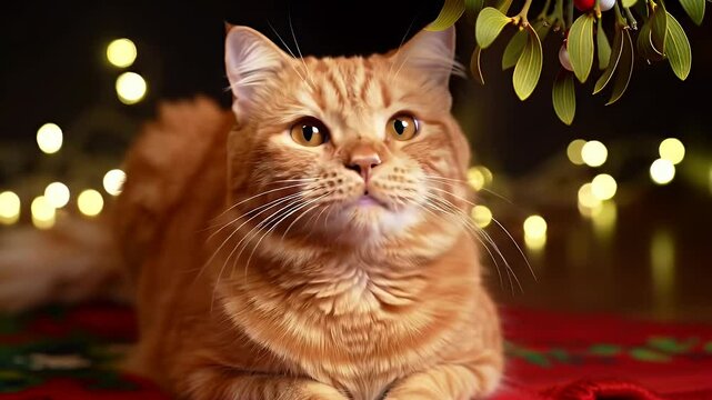 Closeup shot of ginger cat with soft warm lighting and holiday decor