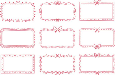 Hand drawn pink decorative frame set, cute border collection, vintage outline label, ribbon design, sketch ornament, doodle element pack