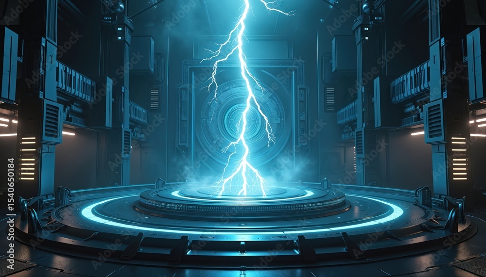 Aufkleber Futuristic energy core with lightning in high-tech control room. Lightning bolt emitting from center, high energy technology. Digital, science, innovation, artificial intelligence, modern design.