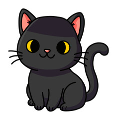 an adorable, plump black cat with large, bright yellow eyes and small pink inner ears, showcasing a charming cartoon style.