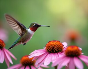 Hummingbird flies near vibrant pink coneflower. Bird feeding nectar. Nature wildlife scene. Pollination process. Detailed close-up photo shows tiny colorful bird wings. Garden eco concept.