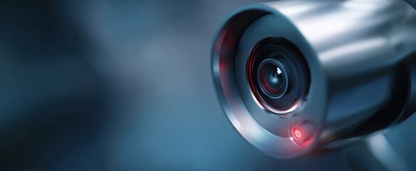 The high-resolution security camera with detailed lens and red light.