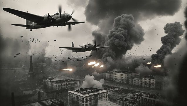 Vintage aerial view of a city under attack with bomber planes amid war.