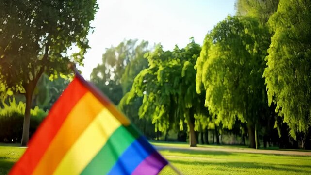 Brightly colored rainbow flag displayed on a lush green lawn in warm sunny daylight, symbol of inclusivity and diversity outdoors