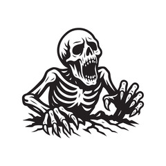  skeleton emerging from the ground with outstretched hands and open mouth, black and white horror illustration for halloween.
