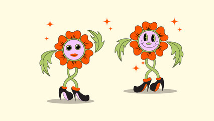 flowers cartoon characters, Two anthropomorphic flowers with cheerful faces, leafy arms, and high heels stand. Cartoon-style, perfect for spring fashion or party-themed designs.