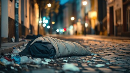 Obraz premium An abandoned sleeping bag surrounded by litter on a quiet city street, reflecting homelessness and neglect.