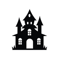a black vector illustration of a halloween house on white background.eps