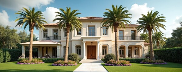Fototapeta premium Exterior of luxury home with palm trees, green lawn, tropical plants. Beautiful house with front garden. Sunny summer vacation, residential real estate. Elegant architecture.