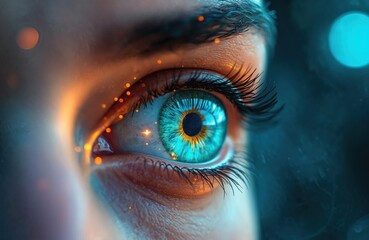 Close-up human eye with futuristic hologram, vibrant blue iris, long eyelashes. Concept of laser eye surgery, ophthalmology, vision, healthcare, medicine, optical technology, medical innovations,