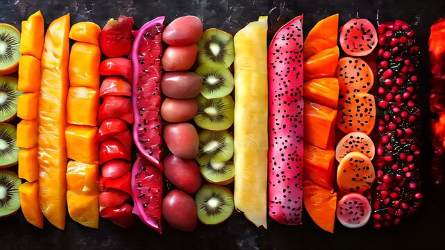 Many different tropical fruits arranged in a row on a table food background