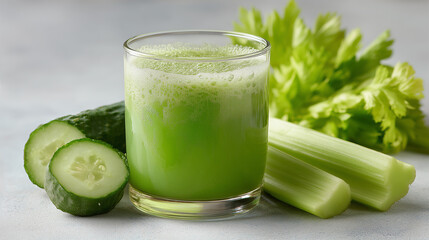 A refreshing glass of green juice sits alongside sliced cucumbers and celery stalks.  The vibrant green color suggests a healthy, likely vegetable-based beverage.
