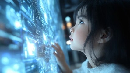 Child exploring futuristic interface with digital tech. - Powered by Adobe