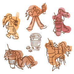 A hand-drawn set, people drinking coffee, a sketch with colored strokes and ink, coffee, a coffee shop design in the style of sketches.