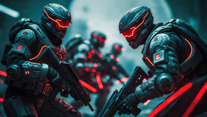 A group of futuristic soldiers with glowing red accents ready for battle.