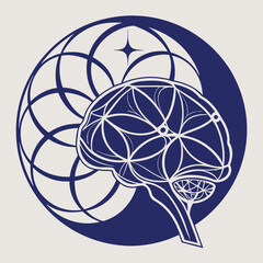 Obraz premium Abstract Blue Brain Illustration Flower of Life Mandala Design Concept Art vector