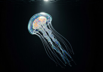 Ethereal glass jellyfish floating in deep ocean, translucent body with rainbow light refractions, delicate tentacles like spun glass, bioluminescent glow, underwater cathedral lighting