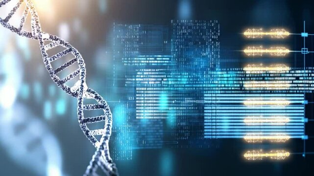Digital Artwork of DNA Strand with Abstract Technology Background and Genetic Data Visualization - Powered by Adobe