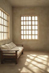 Fototapeta premium Beige room with wooden couch and large window