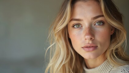 Minimalist portrait of beautiful blonde caucasian woman with green eyes, freckles in beige sweater. Natural beauty, copy space for advertising, cosmetics, healthcare industry. Healthy skin, clean