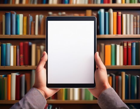 hands holding a tablet with a blank white screen in front of a bookshelf filled with books digital learning