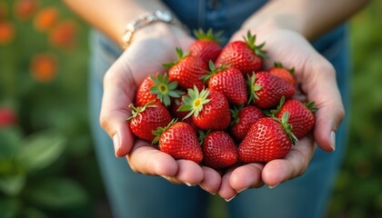 Woman holds bunch of ripe red strawberries in hands. Fresh summer berries from garden, harvest concept. Healthy food, organic dessert. Vitamins, sweet fruit. Nature, agriculture background.