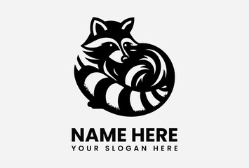 Stylized black and white raccoon logo design, curled, protective, family-oriented.