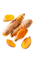 flying turmeric and half slices isolated on transparent background remove png, clipping path