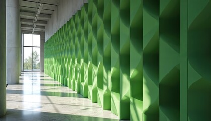 Modern office interior with green acoustic wall panels. Concrete columns hallway, sunlit space with glass window. Architectural design of soundproof room. Empty office corridor with contemporary