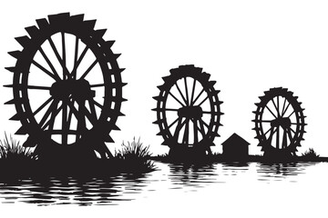 Fototapeta premium black watermill vector illustrations by river, perfect for vintage and nature projects