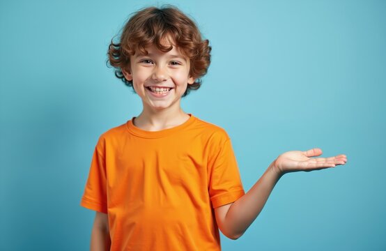 Happy boy in orange t-shirt smiles, presents something with hand open to the side. Cheerful child on blue background, offers space for text or product. Friendly, positive, inviting.