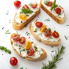 Delicious bruschetta with cream cheese and cherry tomatoes isolated on white background