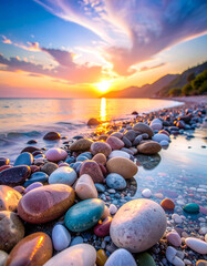 Pastel Colored Stones Reflecting Sunset on a Tranquil Shore.atmosphere, backgrounds, caribbean, dusk, guidance, heaven, horizon, horizontal, idyllic, photography, projection, reflection, relaxation,