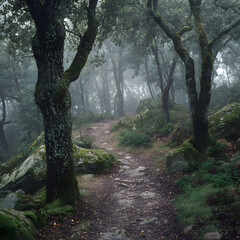 Obraz premium Mystical Foggy Forest with Mossy Trees and Winding Path at Dawn