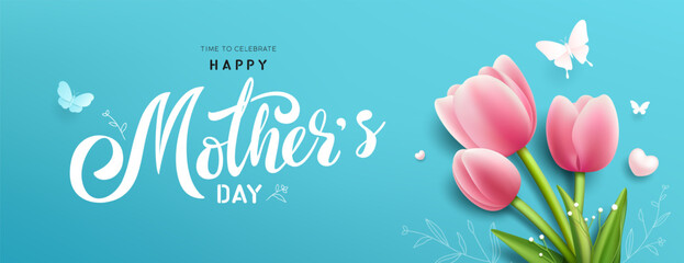 Happy mother's day pink tulips flower blue banner concept design background 
