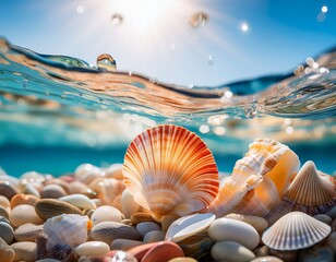 seashells and pebbles under clear water create a tranquil underwater scene with soft lighting