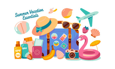 Modern vector illustration showcasing essential summer vacation and travel items in a flat, minimalistic style, easily editable and scalable.