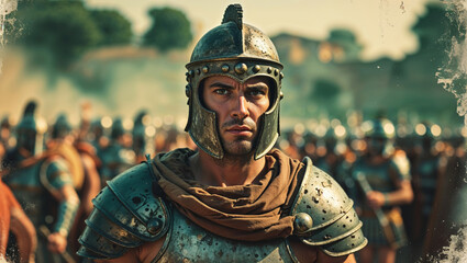 A strong Roman soldier stares confidently ahead, ready for combat in a historical war setting.