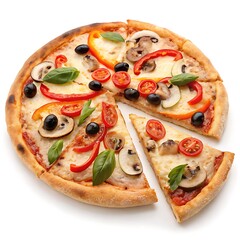 Delicious vegetarian pizza with mushrooms and olives isolated on white background