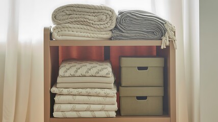 Cozy and organized home decor featuring shelving with blankets bedding and storage boxes