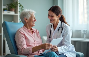 Naklejka na ściany i meble Happy doctor consults senior patient at medical checkup. Smiling old woman and friendly physician sit on couch, reviewing good analysis results. Medicine concept.