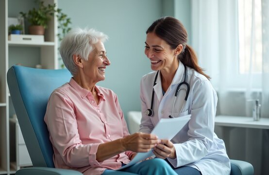 Happy doctor consults senior patient at medical checkup. Smiling old woman and friendly physician sit on couch, reviewing good analysis results. Medicine concept.
