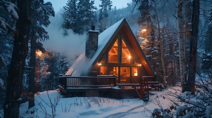 Cozy winter cabin nestled in snowy woods.