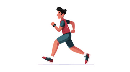 Obraz premium A digital illustration depicts a young man jogging from the side profile. The style is cartoonish and flat design with bold colors. The man is depicted in a red sleeveless shirt, dark gray shorts